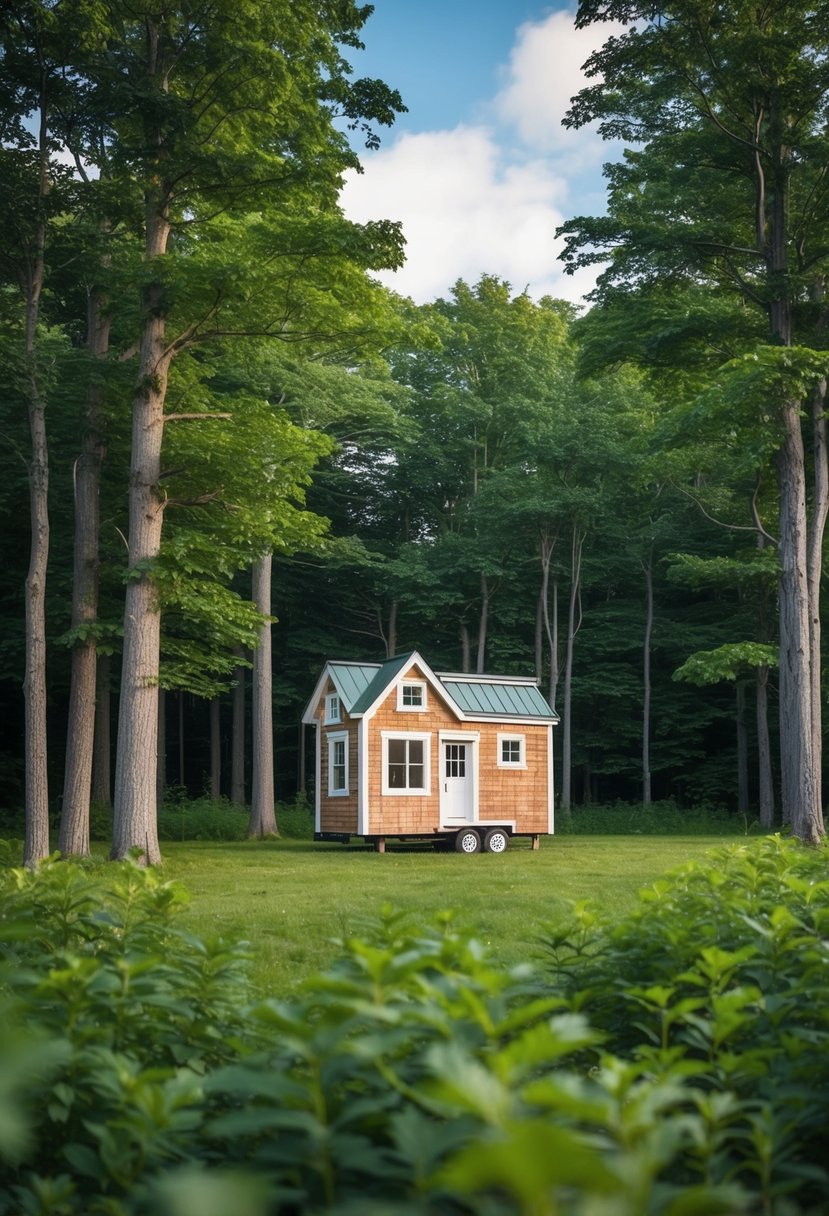 A tiny house nestled in the lush green woods of Maine, surrounded by tall trees and a serene, peaceful atmosphere