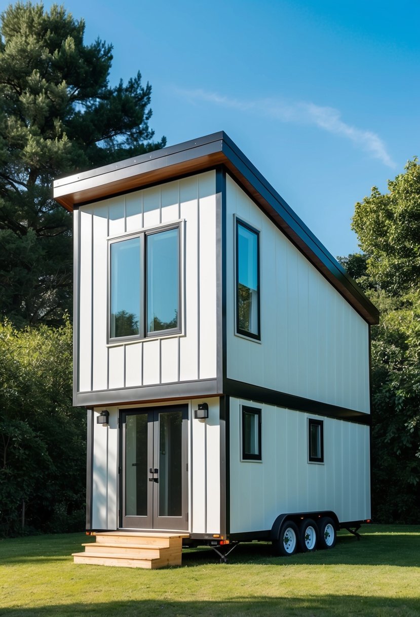 A 12x24 modern double loft tiny house, with sleek lines and large windows, set against a backdrop of lush greenery and a clear blue sky