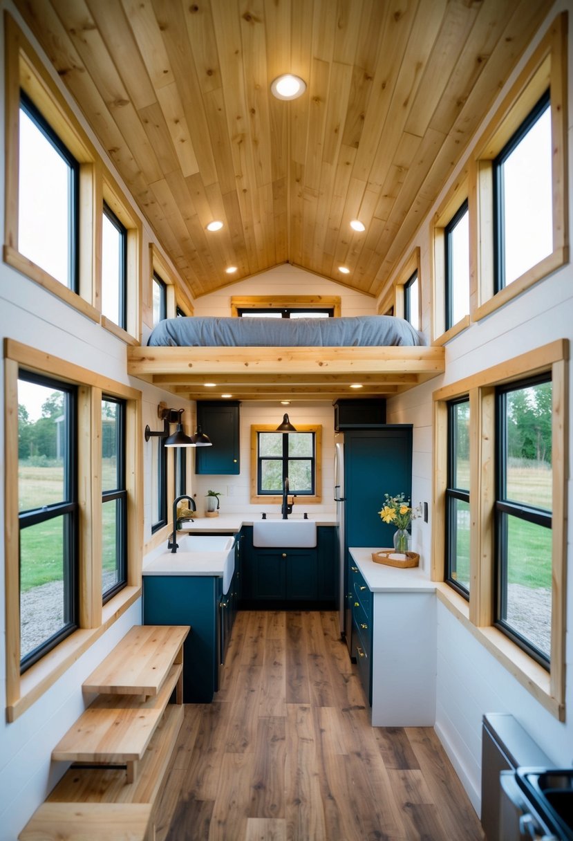 A cozy 12x24 tiny house with double lofts, featuring an open floor plan, large windows, and a compact yet functional kitchen and bathroom