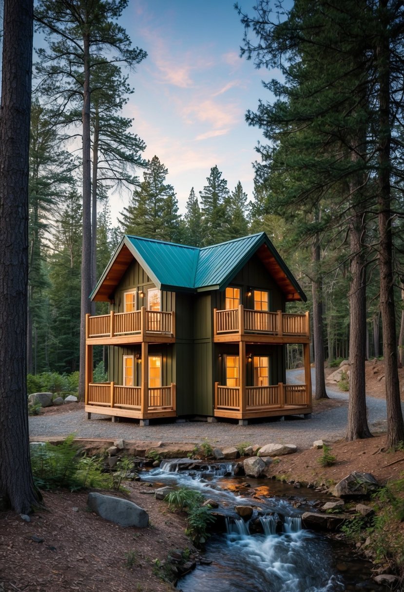 A cozy 12x24 cabin with double lofts, nestled in a serene forest setting, surrounded by tall trees and a winding stream