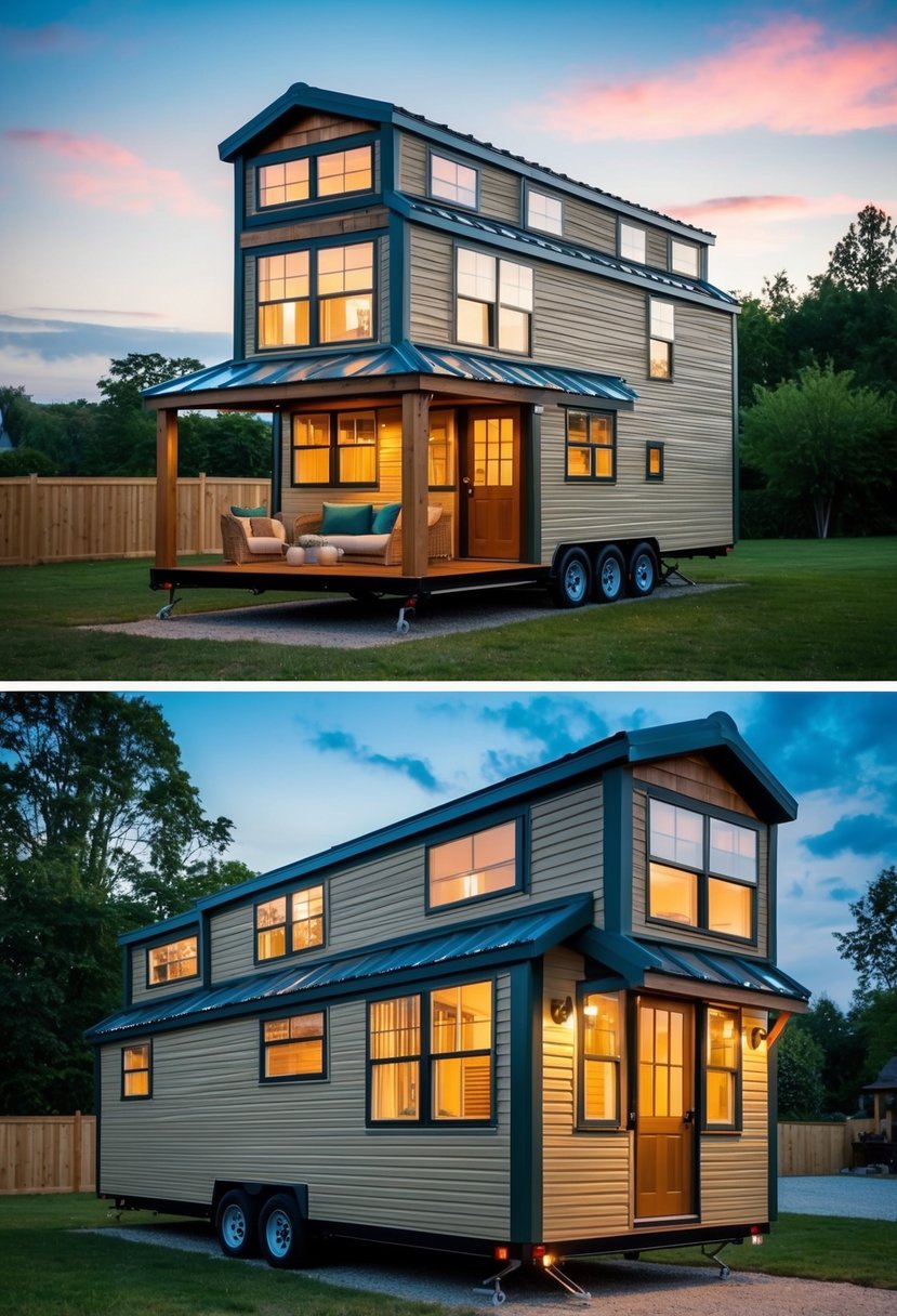 A cozy 12x24 tiny house with two spacious lofts, one above the living area and one above the kitchen, complete with large windows and a charming exterior