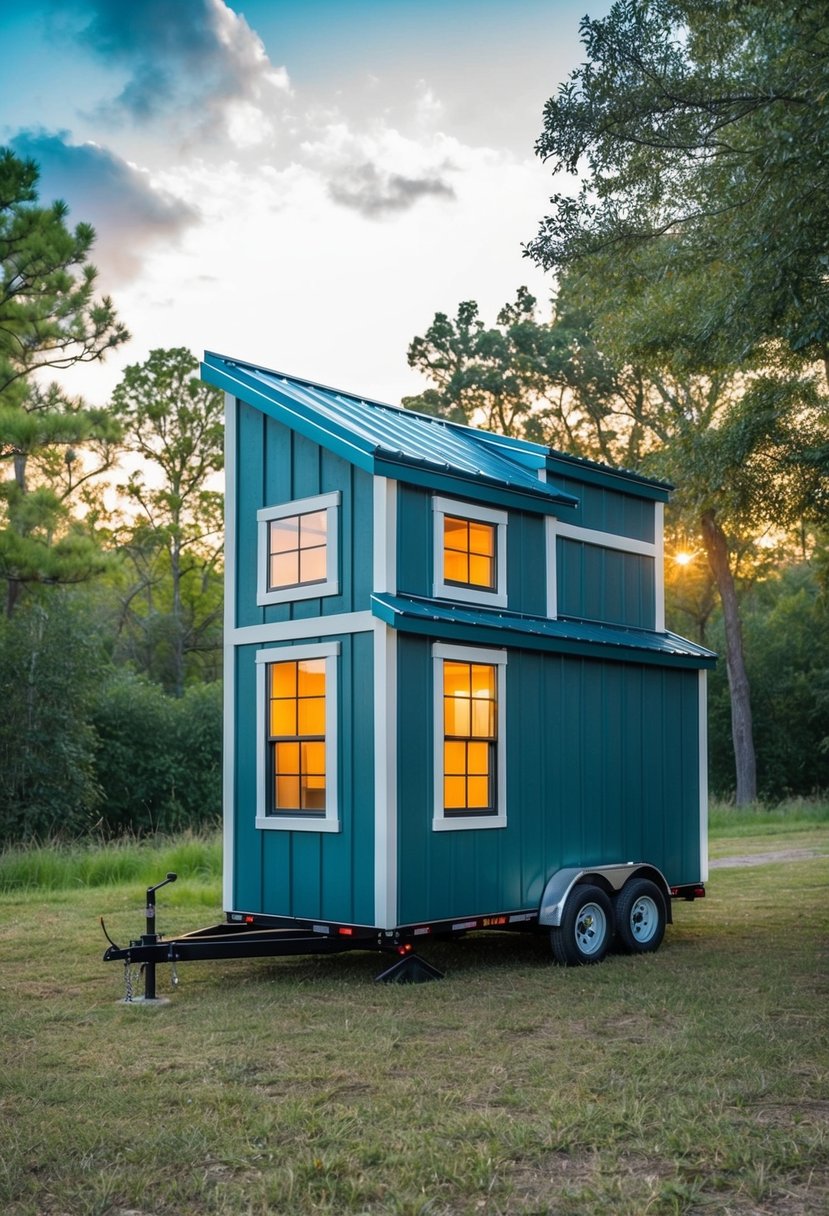 A 12x24 tiny house on wheels with double lofts, surrounded by nature