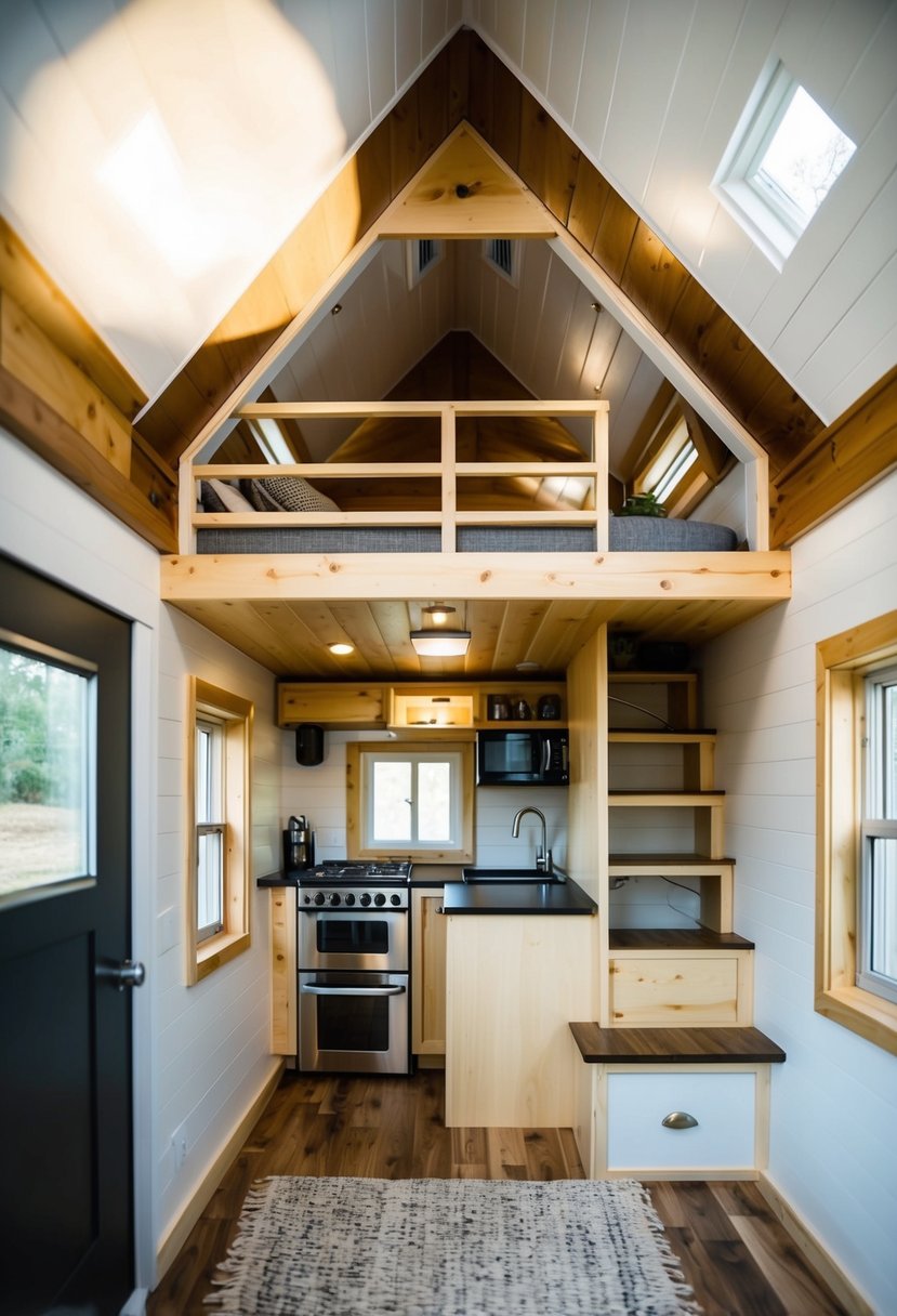 A cozy 12x24 tiny house with double loft, featuring a compact yet functional layout with a kitchen, living area, bathroom, and sleeping space