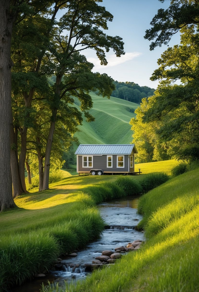 A tiny house nestled in the lush, rolling hills of Indiana, surrounded by tall trees and a serene, babbling creek