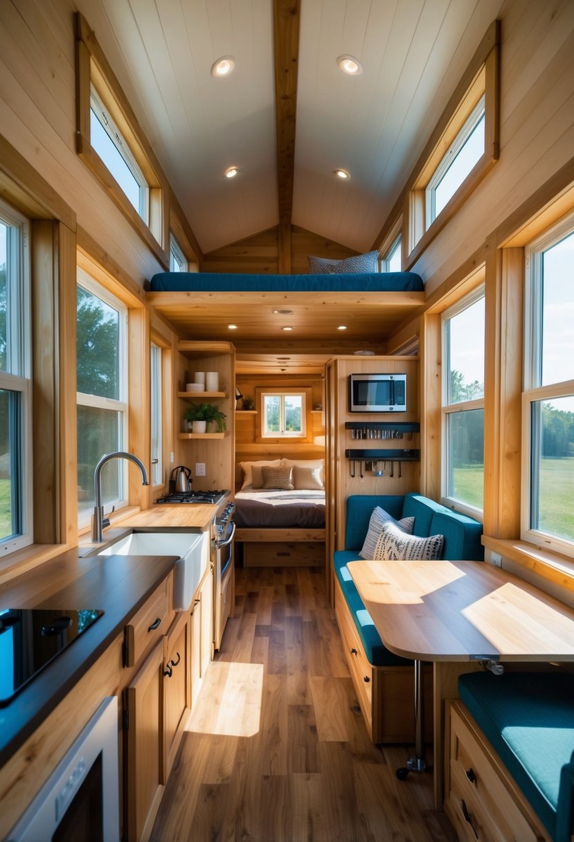 A cozy tiny house interior with a loft bed, compact kitchen, fold-out dining table, and multifunctional furniture. Natural light streams in through large windows, creating a warm and inviting space