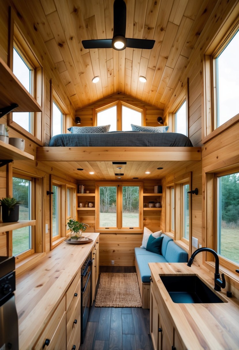 A cozy tiny house interior with a loft bed, compact kitchen, and small living area with large windows and natural wood finishes