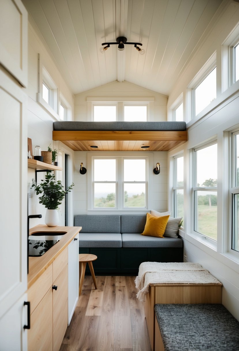 A cozy tiny house interior with space-saving furniture, natural light, and a minimalist color palette