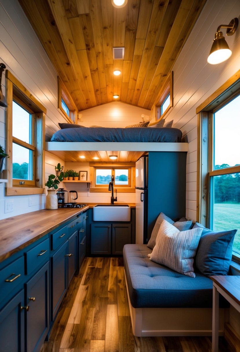 A cozy tiny house interior with warm lighting, a loft bed, compact kitchen, and a comfortable seating area with soft cushions and a small table