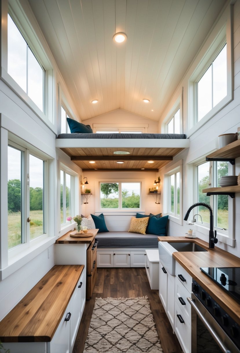 A cozy tiny house interior with a lofted bed, compact kitchen, and multifunctional furniture. Natural light streams in through large windows, creating a bright and airy space