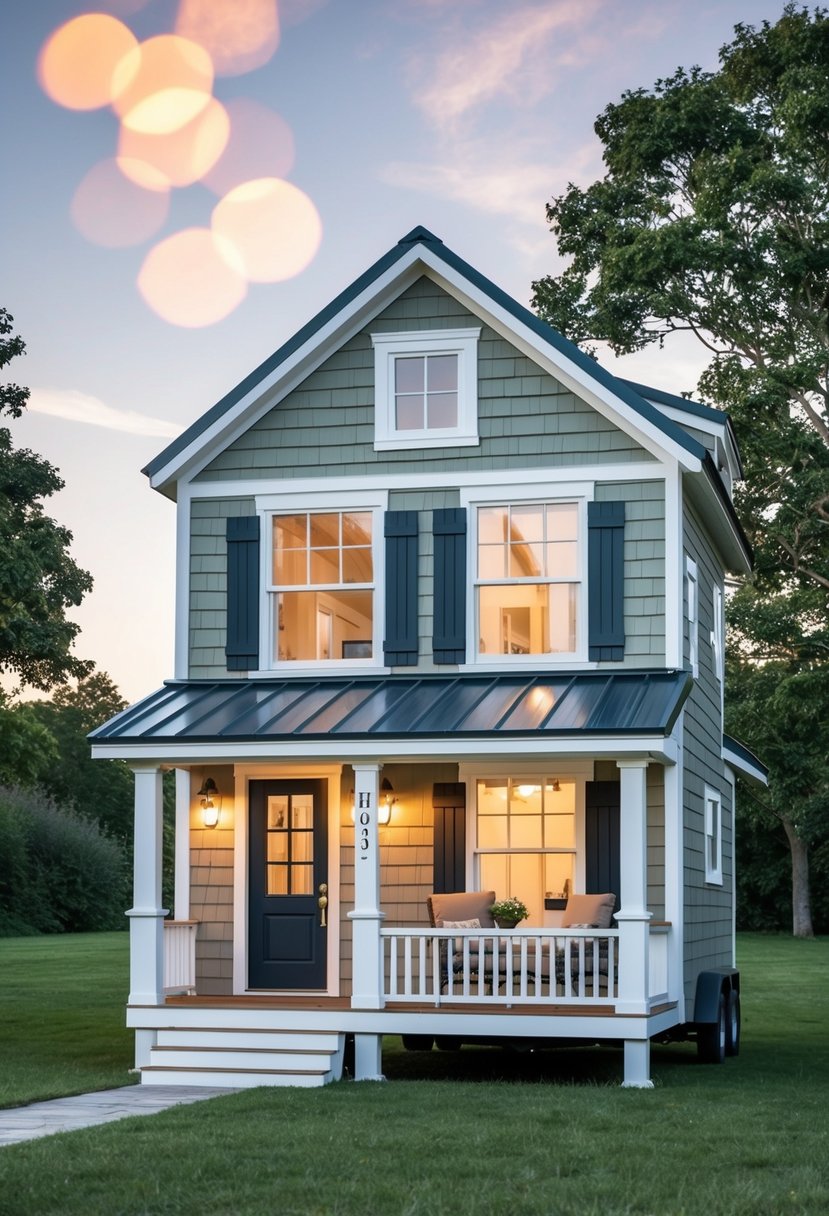 A cozy two-story tiny house with a front porch, large windows, and a pitched roof. The first floor features a living area and kitchen, while the second floor includes a bedroom and bathroom