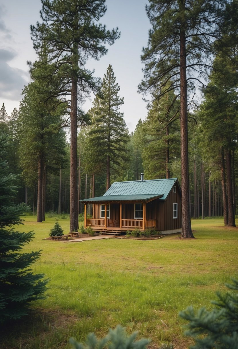 A cozy 12x24 Homesteader cabin nestled in a serene forest clearing, surrounded by tall pine trees and a small garden