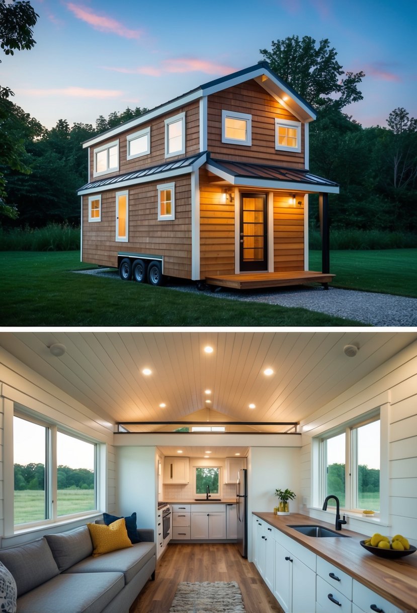 The tiny house floor plan features a two-story layout with a compact living area, kitchen, bathroom, and bedroom on the upper level and a cozy living space on the lower level