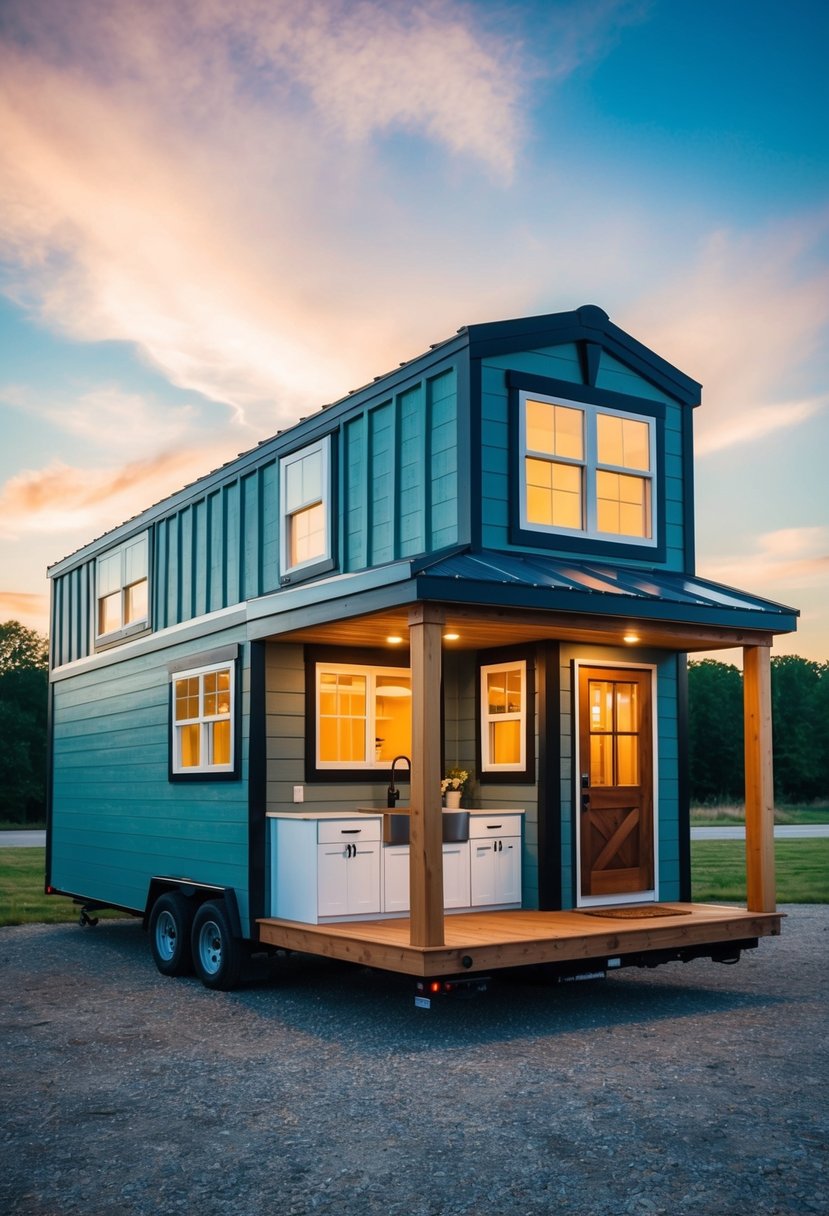 A 12x24 tiny home with a lofted sleeping area, a small kitchen, and a cozy living space with large windows and a front porch