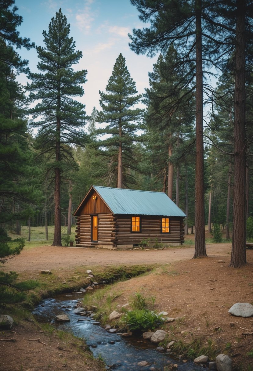 A rustic 12x24 homesteader's cabin nestled in a serene woodland clearing, surrounded by tall pine trees and a small stream running nearby