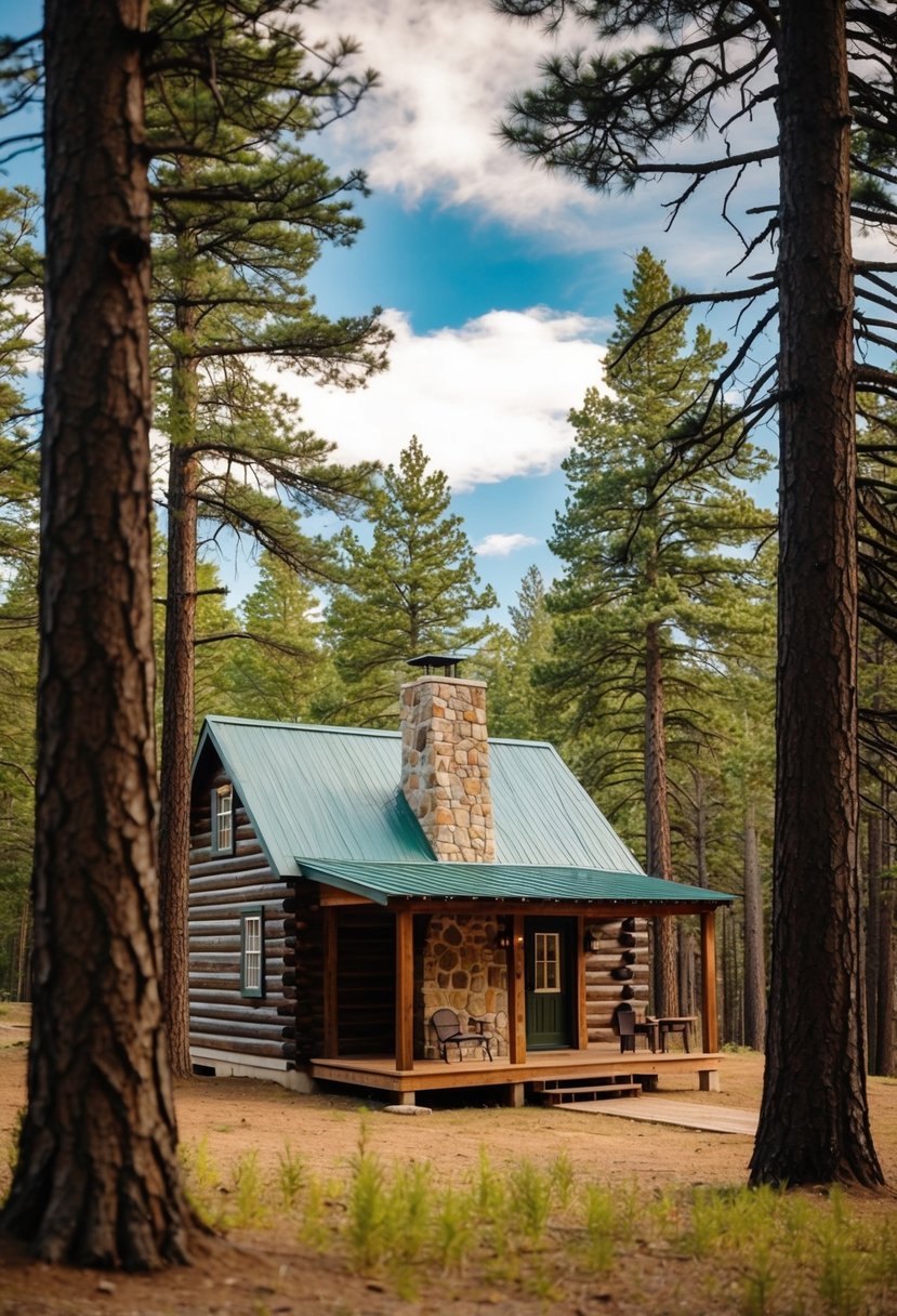 A cozy 12x24 homesteader's cabin nestled among tall pine trees, with a stone chimney and a small front porch