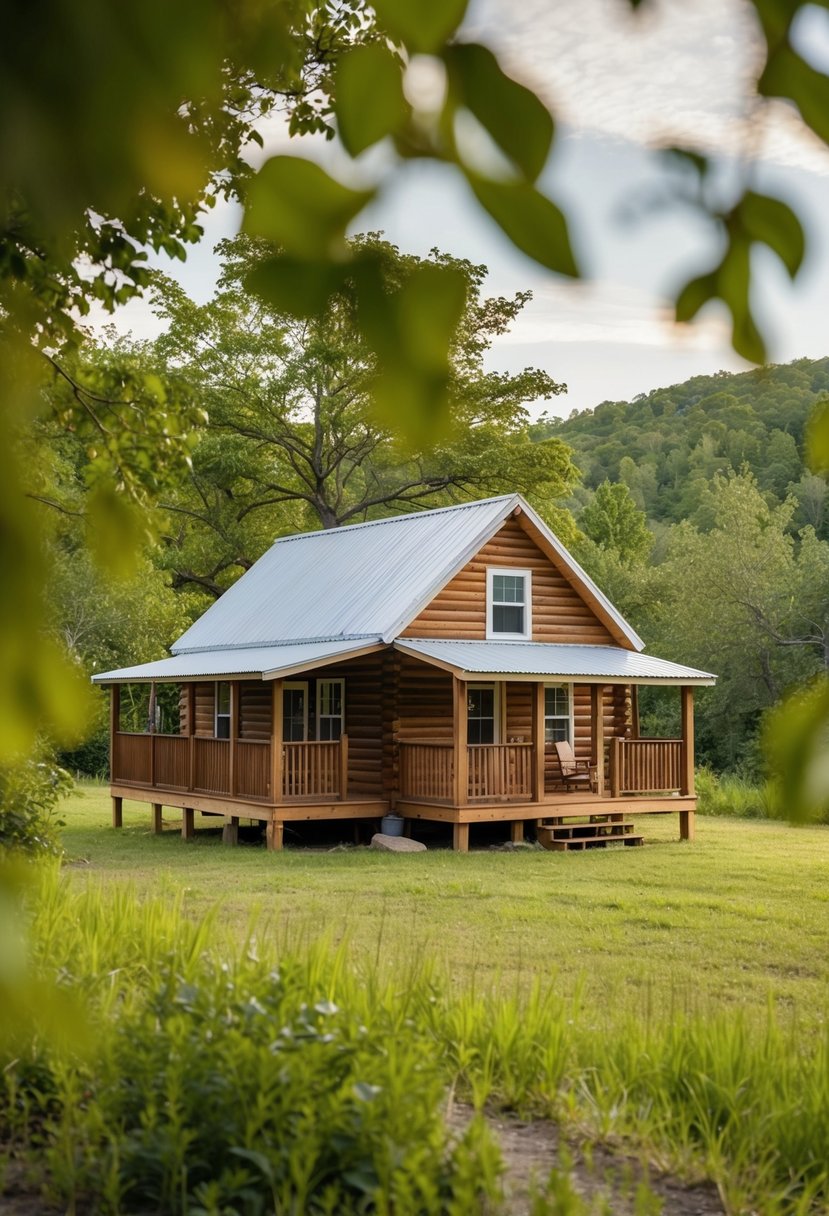 A cozy 12x24 homesteader's cabin nestled in a serene natural setting, featuring 2 bedrooms, 2 baths, and a charming front porch