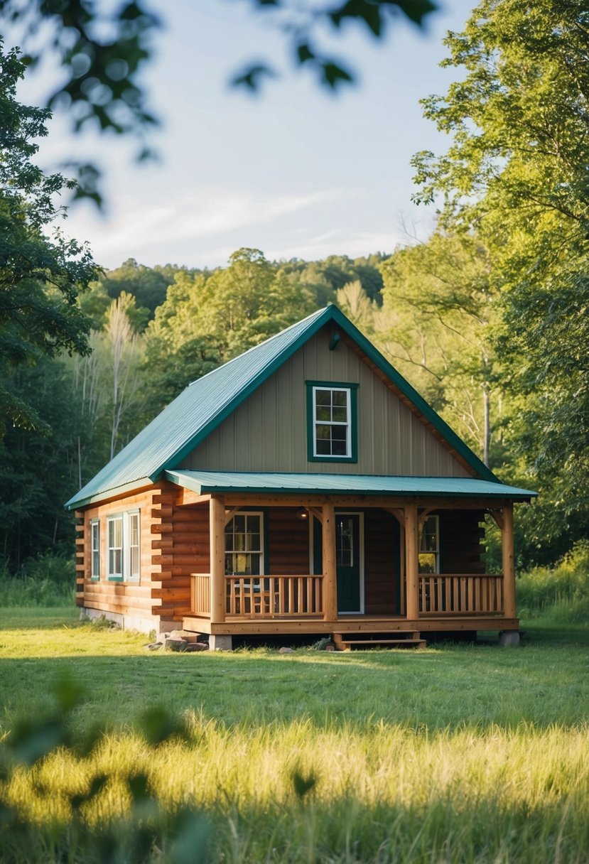 A cozy 12x24 homesteader's cabin nestled in a serene natural setting, with two bedrooms and a welcoming front porch