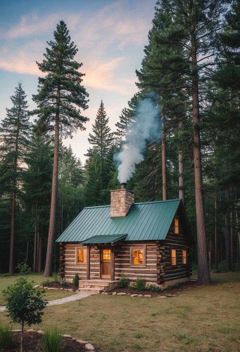 A cozy 12x24 homesteader's cabin nestled in a serene forest clearing, surrounded by tall pine trees and a small garden. Smoke gently rises from the stone chimney