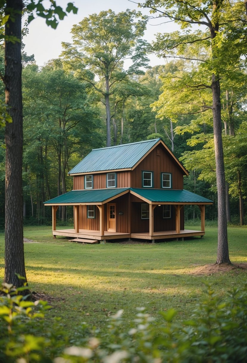 A cozy 12x24 homesteader's cabin with 2 bedrooms and 3 baths nestled in a serene woodland setting