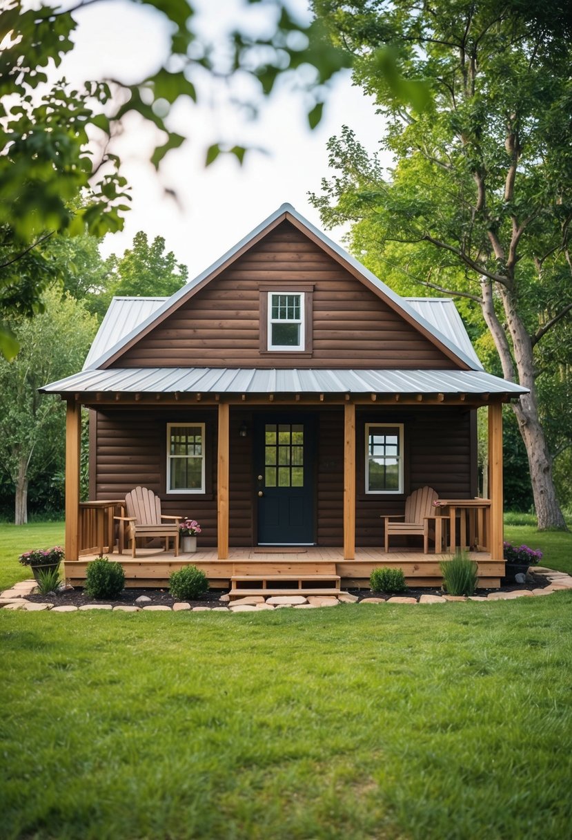 A cozy 12x24 homesteader's cabin with 2 bedrooms, 3 baths, surrounded by trees and a small garden