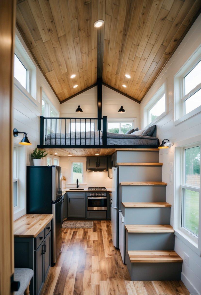 A cozy two-story tiny home with three bedrooms, featuring a compact yet functional floor plan with a living area, kitchen, and dining space on the first floor, and bedrooms on the second floor