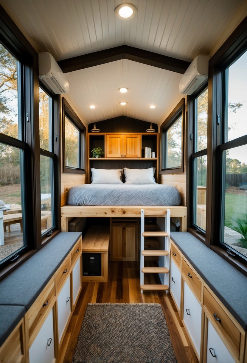 A cozy tiny home with a loft bed, fold-out furniture, and clever storage solutions. Large windows let in natural light, and a small outdoor patio adds charm