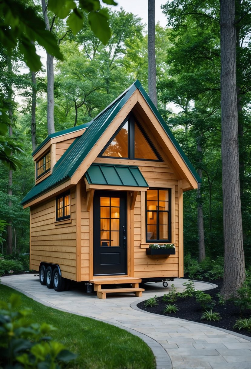 A cozy tiny house nestled in a lush forest, featuring a unique design with a sloping roof and large windows, surrounded by a small garden and a winding pathway