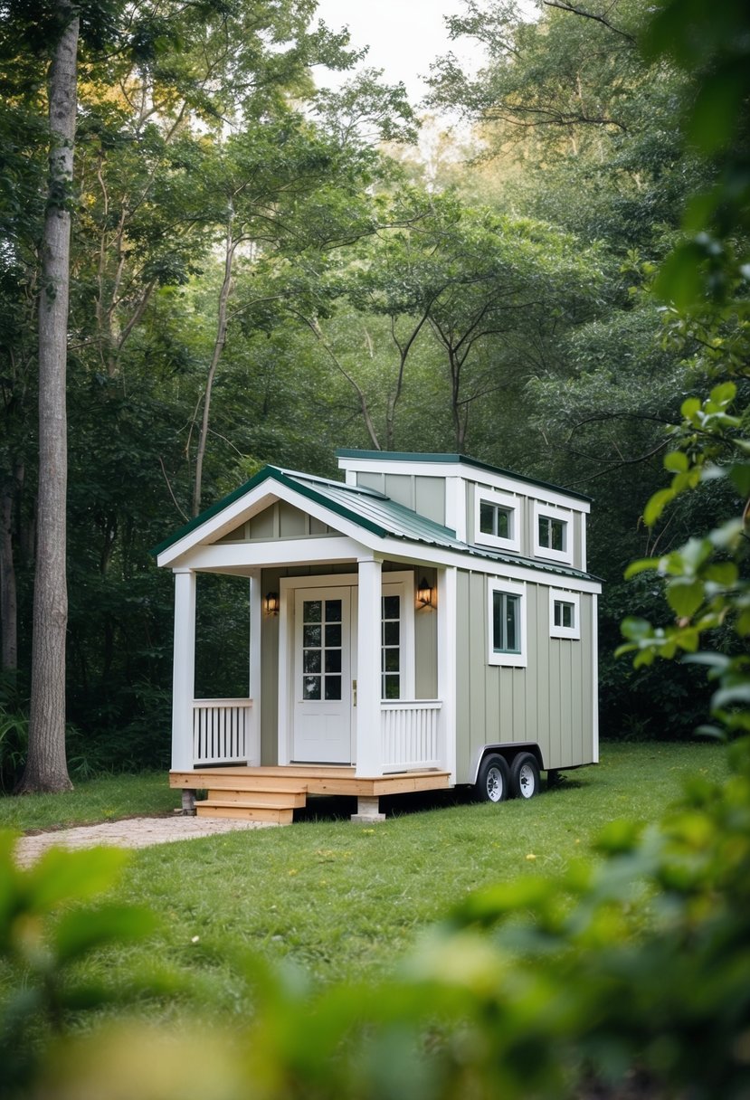 A cozy tiny house nestled in a lush, wooded area with a small porch and large windows, surrounded by nature