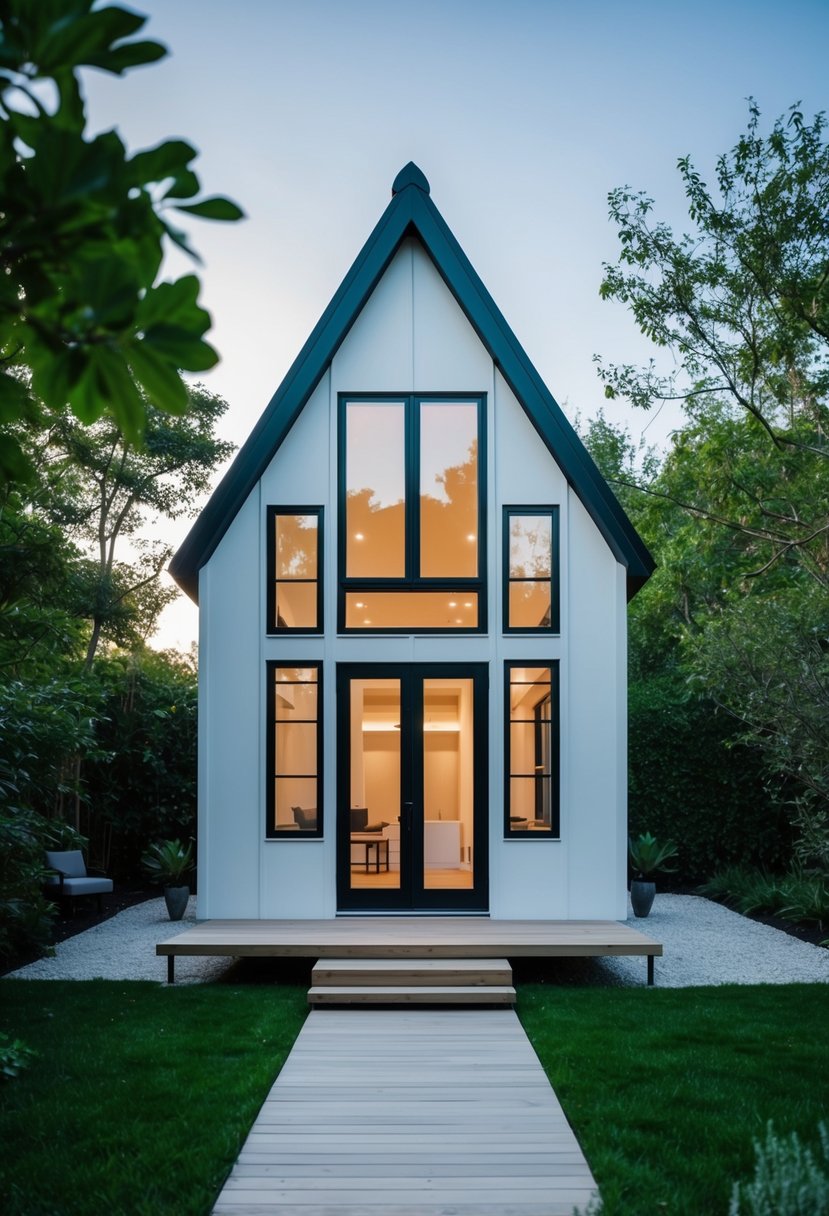 A sleek, minimalist tiny home with large windows, a sloped roof, and a small outdoor deck surrounded by greenery