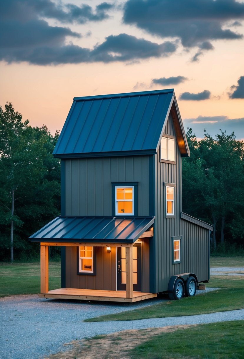 A 10x20 feet tiny house with a shed roof. Two-story floor plan with 1 bed, 2 baths, and a shed