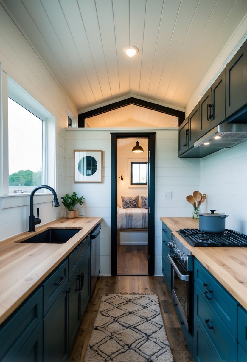 A cozy two-bedroom tiny home with a modern design, featuring a compact living area, functional kitchen, and stylish decor