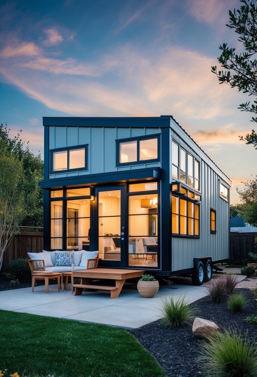 A cozy, modern tiny home with sleek lines and large windows, surrounded by natural landscaping and a small patio