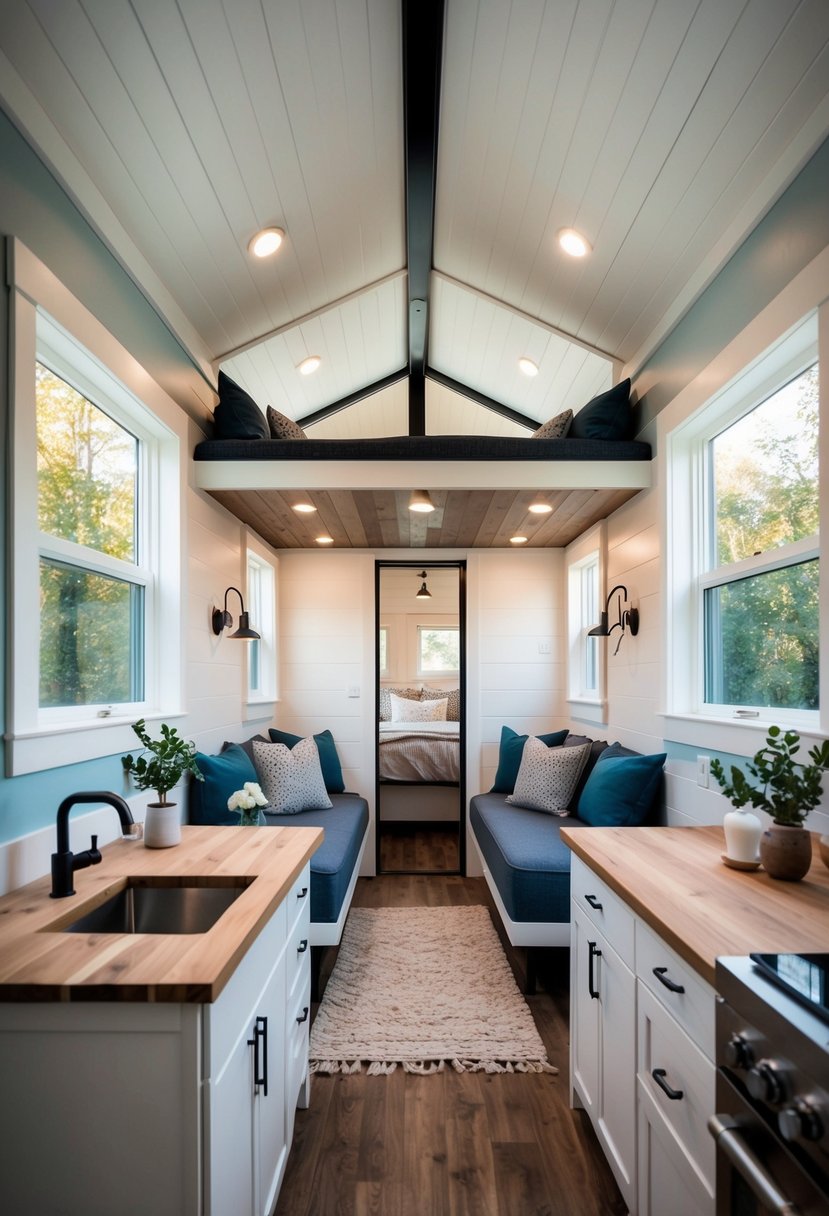 A cozy, modern tiny home with three bedrooms, featuring innovative space-saving designs and stylish decor