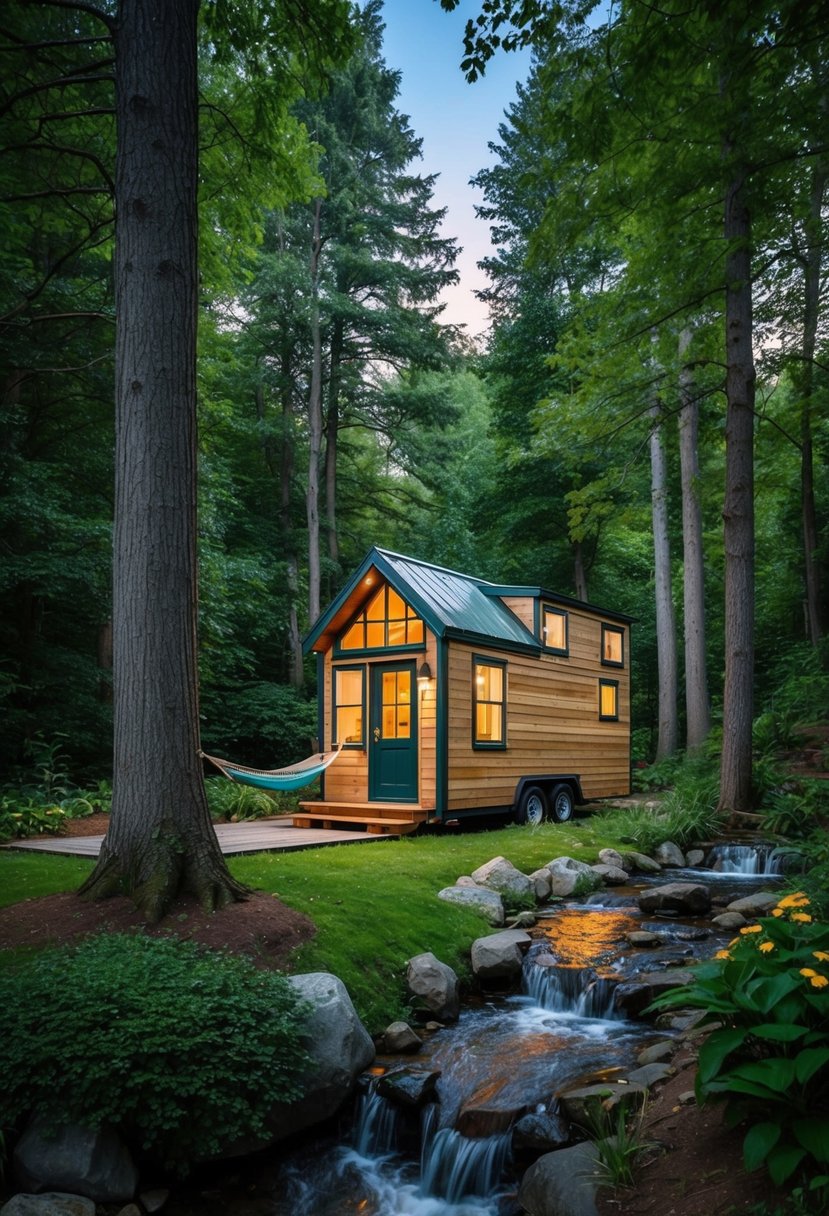 A cozy tiny home nestled in a lush forest, surrounded by tall trees and a bubbling stream, with a small garden and a hammock outside