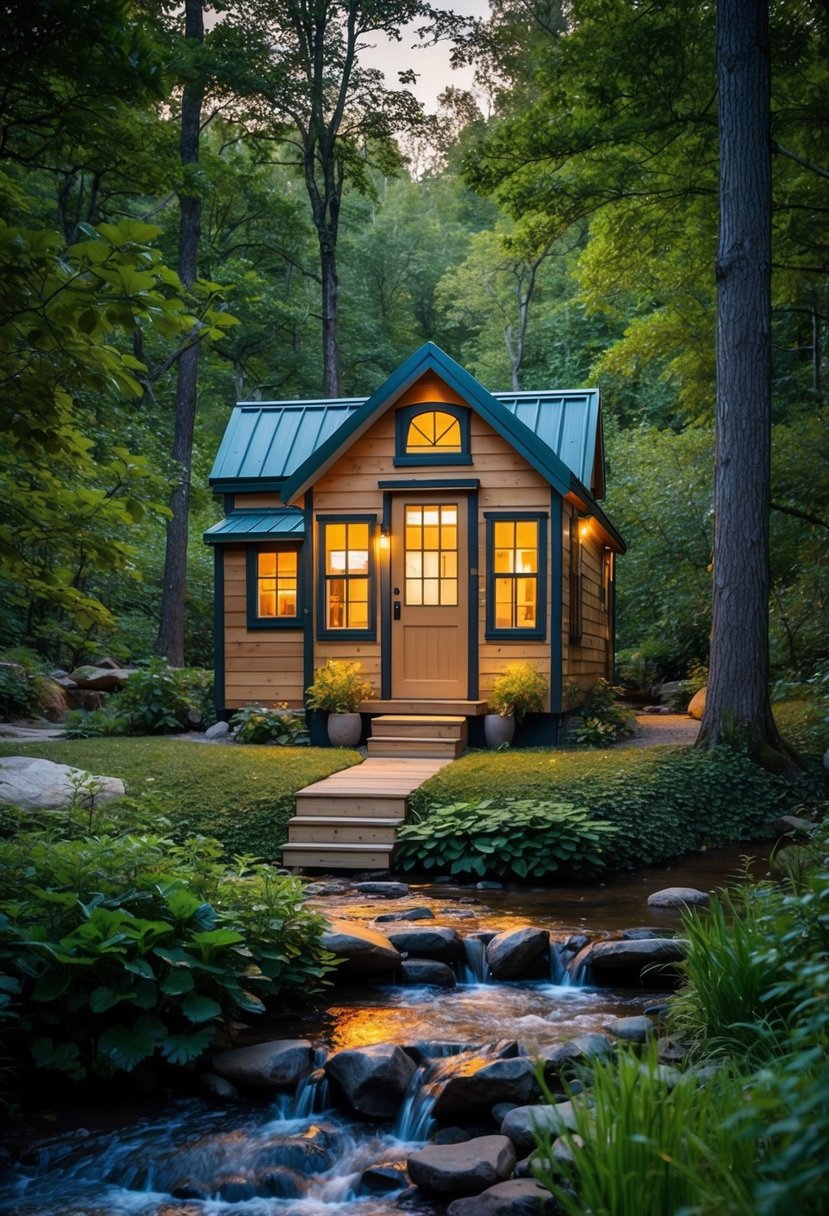 A cozy tiny home nestled in a serene forest clearing, surrounded by lush greenery and a bubbling stream, with a warm glow emanating from the windows