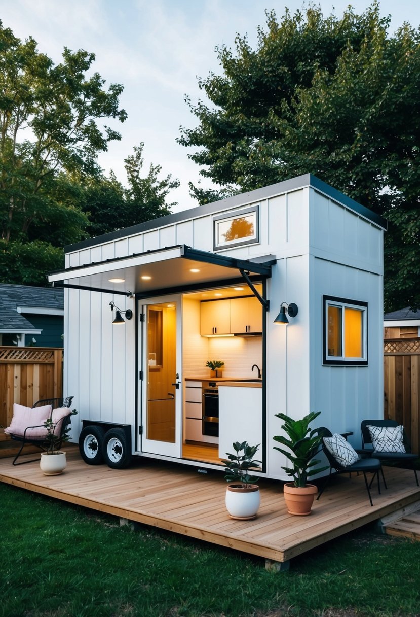 A cozy, minimalist tiny home with a loft bedroom, compact kitchen, and space-saving storage solutions. A small patio with potted plants and outdoor seating completes the charming design