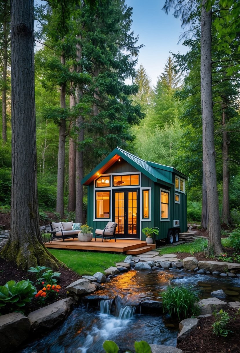 A tiny home nestled in a lush forest, surrounded by tall trees and a bubbling stream, with a cozy outdoor seating area and a small vegetable garden