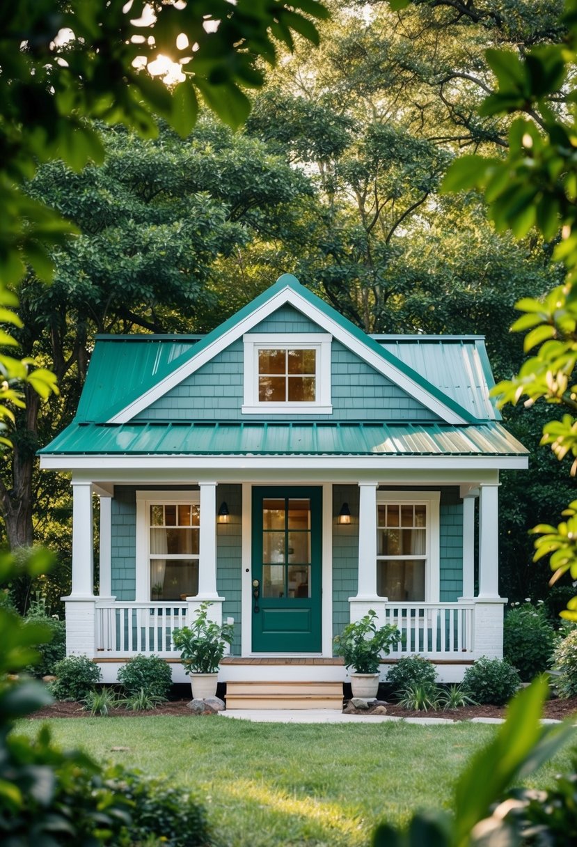 A cozy tiny home surrounded by lush greenery, with a front porch and large windows letting in plenty of natural light