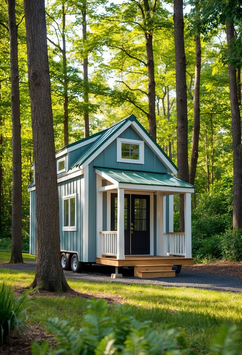 A cozy tiny home nestled in a lush forest, with a small porch and large windows letting in natural light