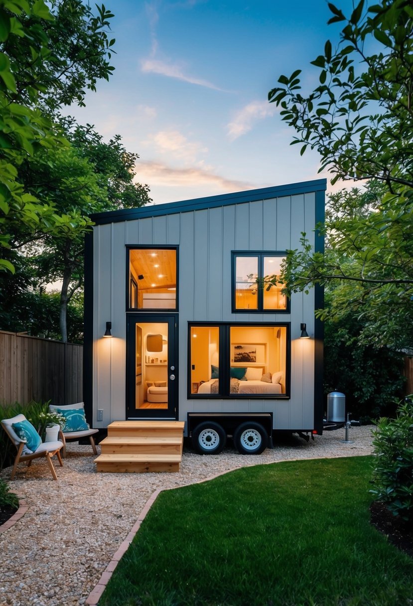 A cozy one-bedroom tiny home with modern design and minimalist furnishings, surrounded by lush greenery and a small garden