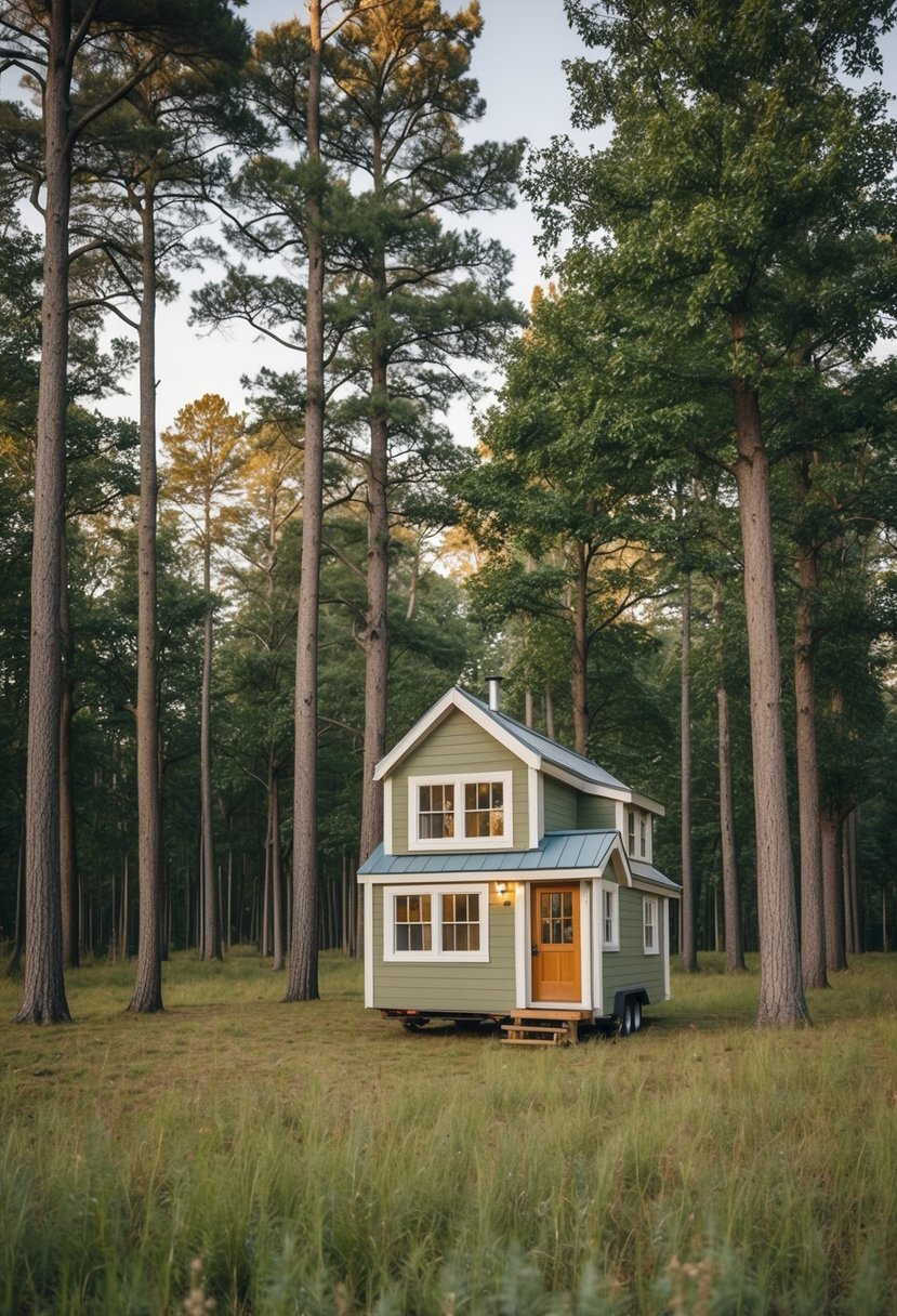 A quaint two-story tiny house cottage nestled in a serene countryside setting, surrounded by lush greenery and blooming wildflowers