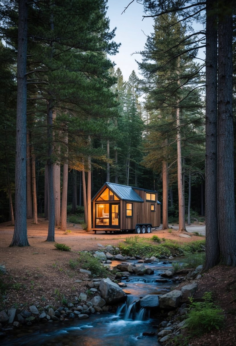 A cozy, rustic tiny home nestled in a serene forest clearing, surrounded by tall trees and a babbling brook