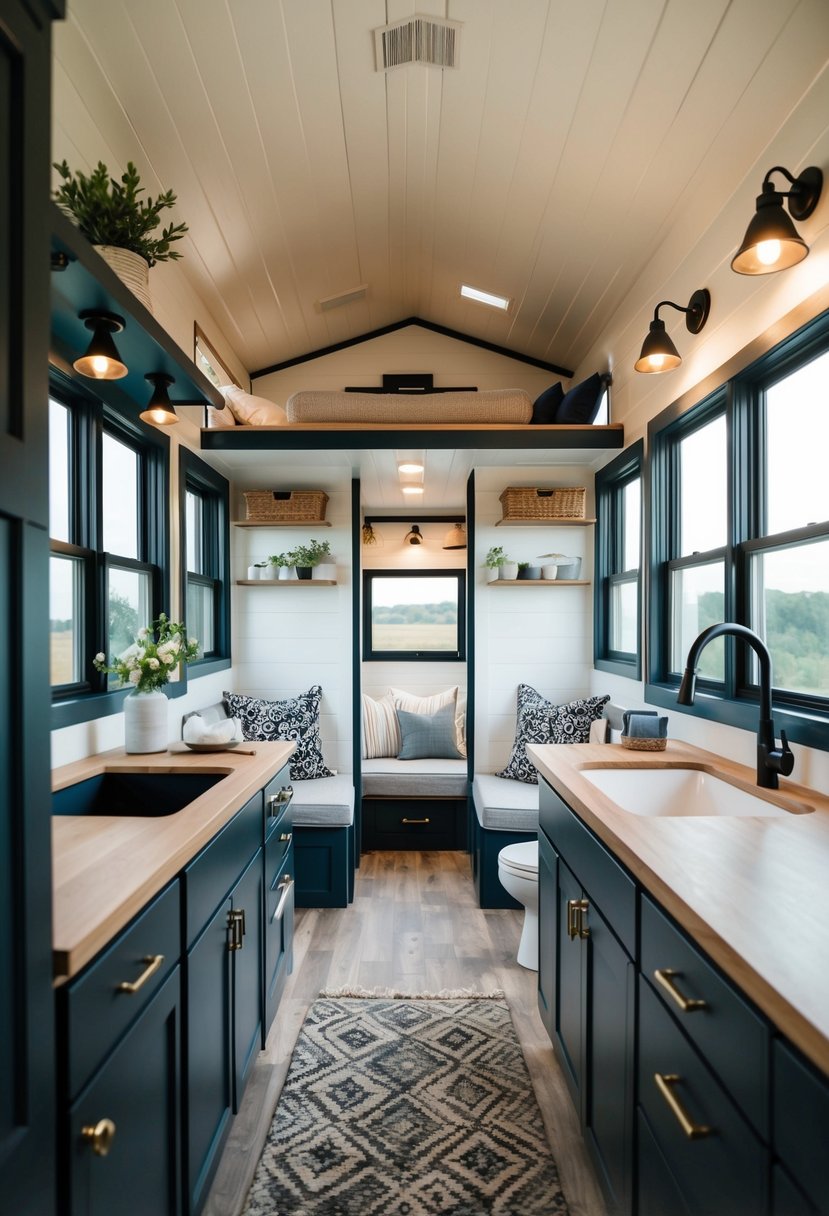 A cozy 12×32 tiny home with a loft bedroom, compact kitchen, and a small living area with large windows and a sliding glass door leading to a deck