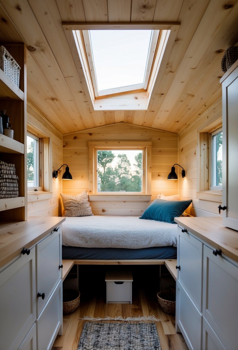 A cozy loft bedroom in a 12x32 tiny house, with a small bed, nightstand, and a skylight above for natural light