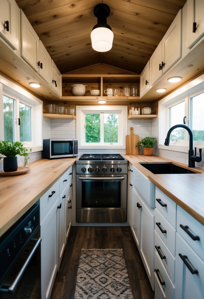 A cozy 12x32 kitchen in a tiny house, with a compact layout, modern appliances, and clever storage solutions