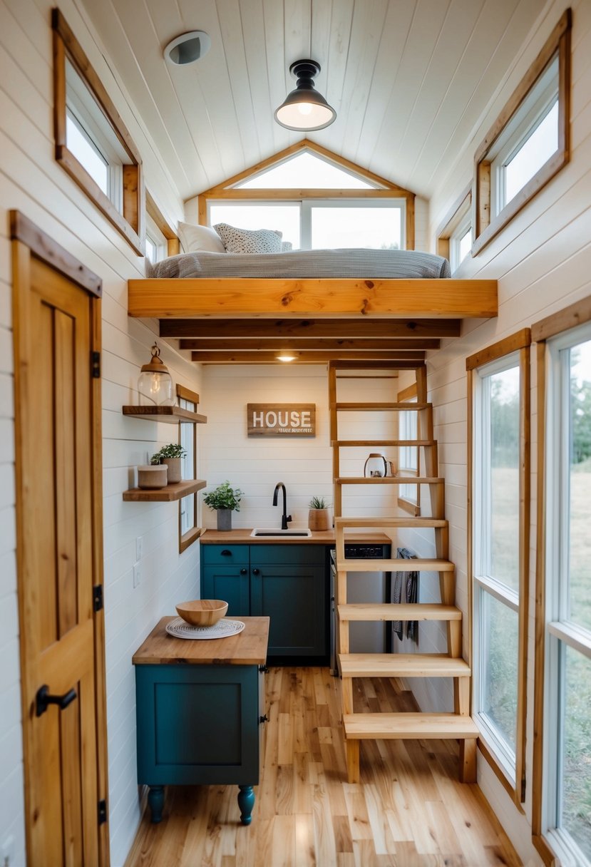 A cozy 12x32 tiny house with a loft staircase and various design ideas for a tiny home