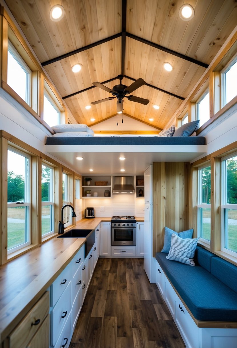 A cozy 12x32 tiny house interior with a loft bedroom, compact kitchen, and a multifunctional living space with large windows for natural light