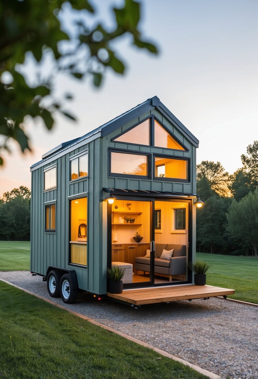 A cozy 12x32 tiny house with clever storage solutions and multifunctional furniture, maximizing space and functionality