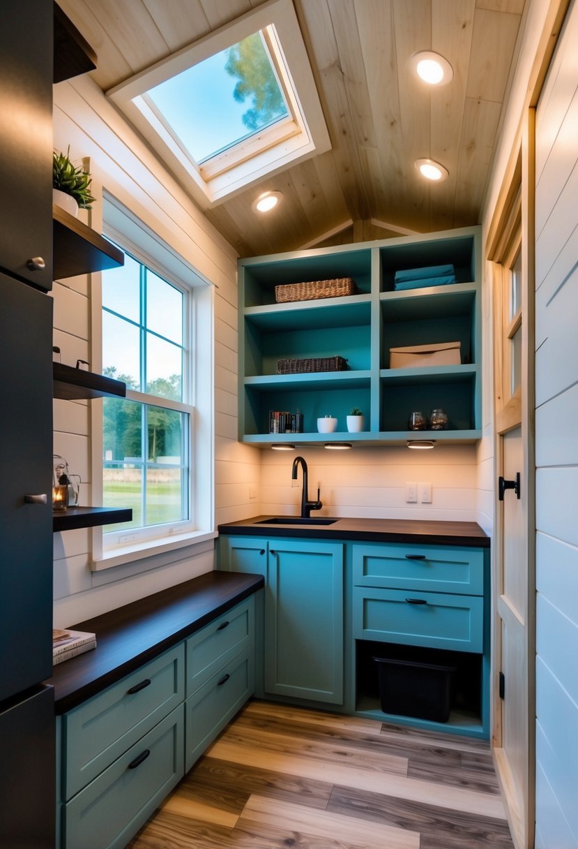 A 12x32 tiny house with innovative storage solutions, showcasing built-in shelving, hidden compartments, and multi-functional furniture