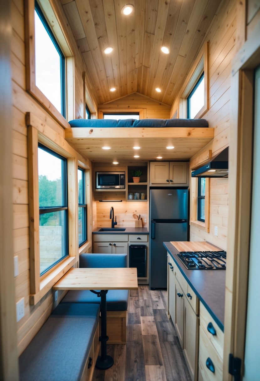 A cozy 12x32 tiny home with a loft bedroom, a compact kitchen, a living area with a fold-out table, and large windows for natural light